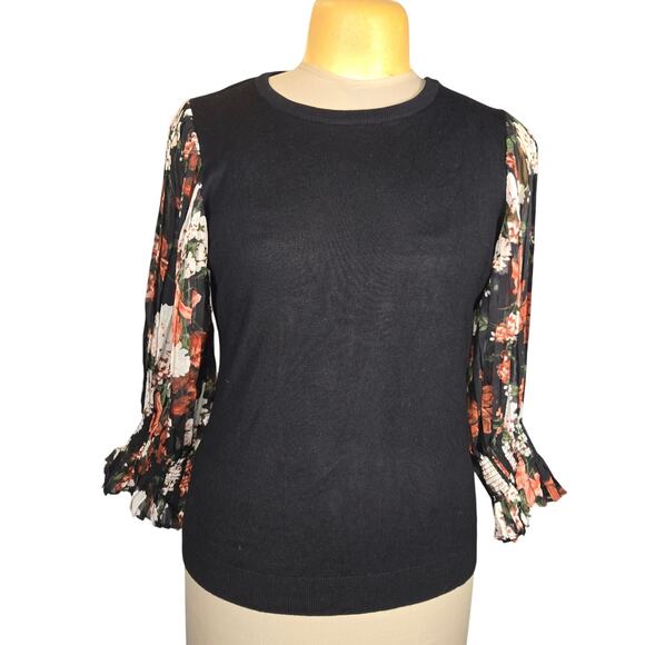 Adrianna Papell Womens Medium Sweater Sheer Floral Sleeves Mixed Media Career - Picture 1 of 11